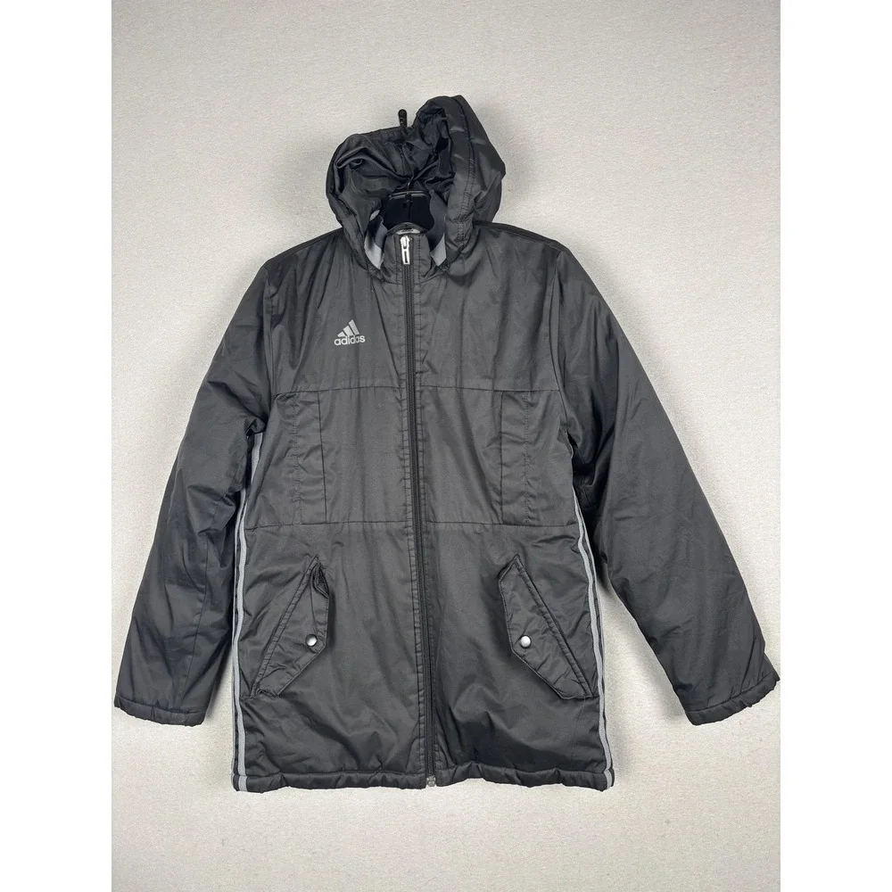Adidas Jacket Youth 11-12Y Med Black Hooded Puffer Zip Winter Lined Coat Soccer